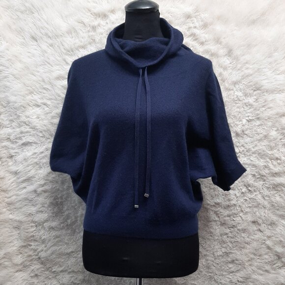 Club Monaco Women's 100% Cashmere Navy 3/4 Bat Sleeve Pullover Drawstring Sweate - Picture 1 of 7